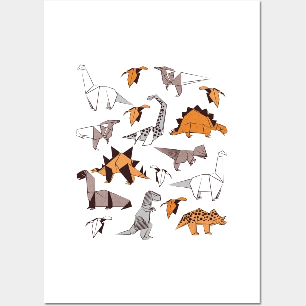 Origami dino friends // print // orange white and beige dinosaurs Wall Art by SelmaCardoso